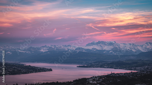 The Alps over Lake Zurich in a late pink afternoon 2
