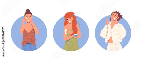 Skin care routine composition set with happy young woman characters using natural organic cosmetics