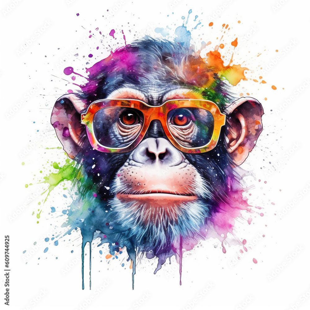 Fototapeta Cartoon colorful monkey with sunglasses on white background. Created with generative AI