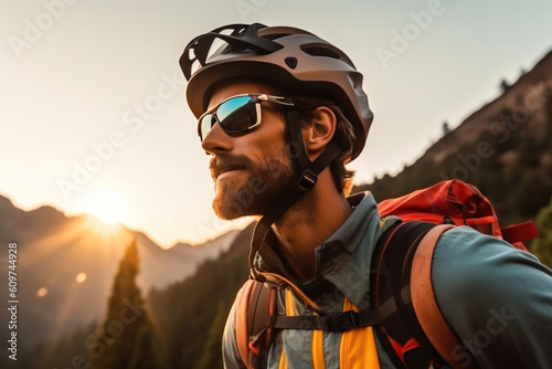 Morning Pursuits: Sunrise Adventure with Helmet and Sunglasses. Generative AI