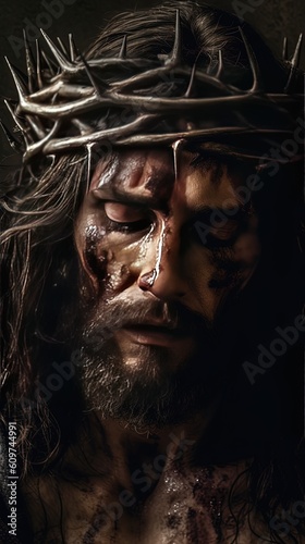 close up Jesus Christ face wearing thorn crown, Generative Ai © QuietWord