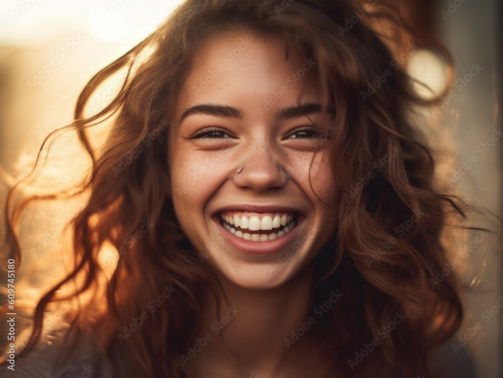 Portrait of beautiful american woman smiling. Outdoor portrait of a smiling long-haired girl. Happy cheerful girl laughing at park. AI generative Portrait of beautiful american woman smiling. Outdoor portrait of a smiling long-haired girl. Happy cheerful girl laughing at park. AI generative