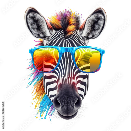 Cartoon colorful zebra with sunglasses on white background. Created with generative AI