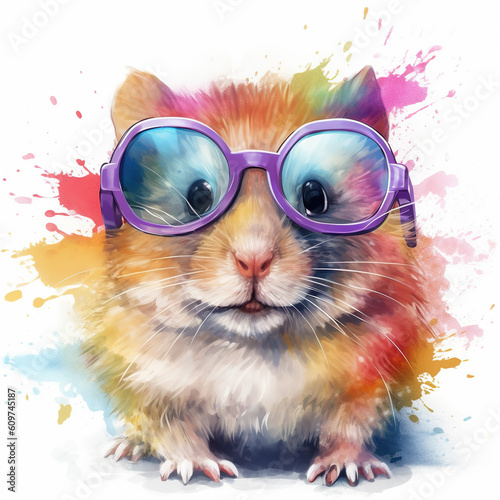 Cartoon colorful hamster with sunglasses on white background. Created with generative AI