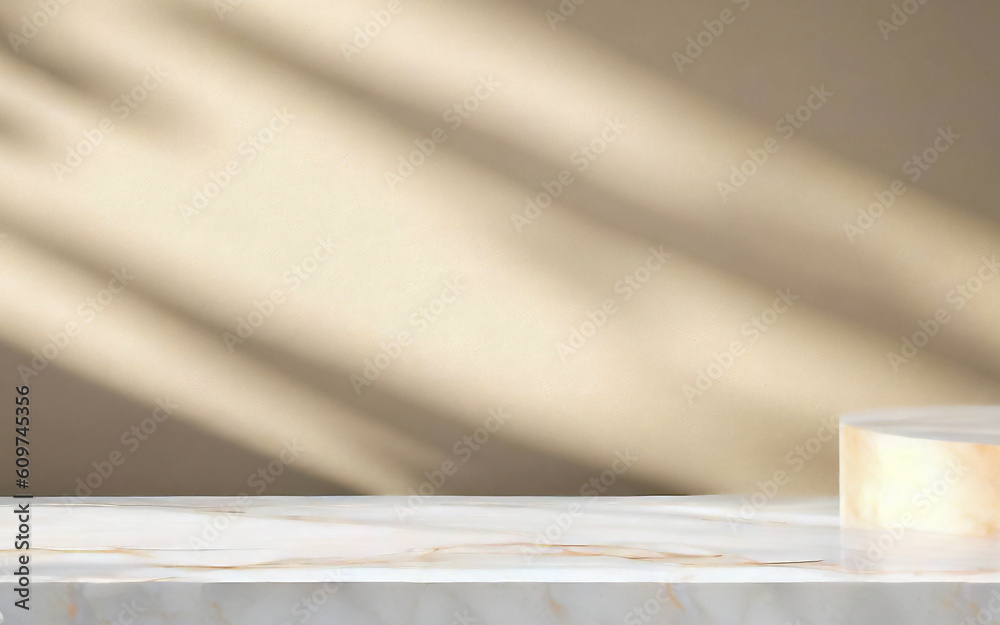 3D render beautiful white podium for whitening beauty skincare products display backdrop, templates with natural green leaves plant twig, sunlight and foliages leaves shadow. Floor, Space, Shadow. 3D render beautiful white podium for whitening beauty skincare products display backdrop, templates with natural green leaves plant twig, sunlight and foliages leaves shadow. Floor, Space, Shadow.