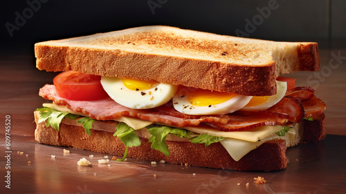 Sandwich with Cheese, Ham, Sauce and Salad on dark background