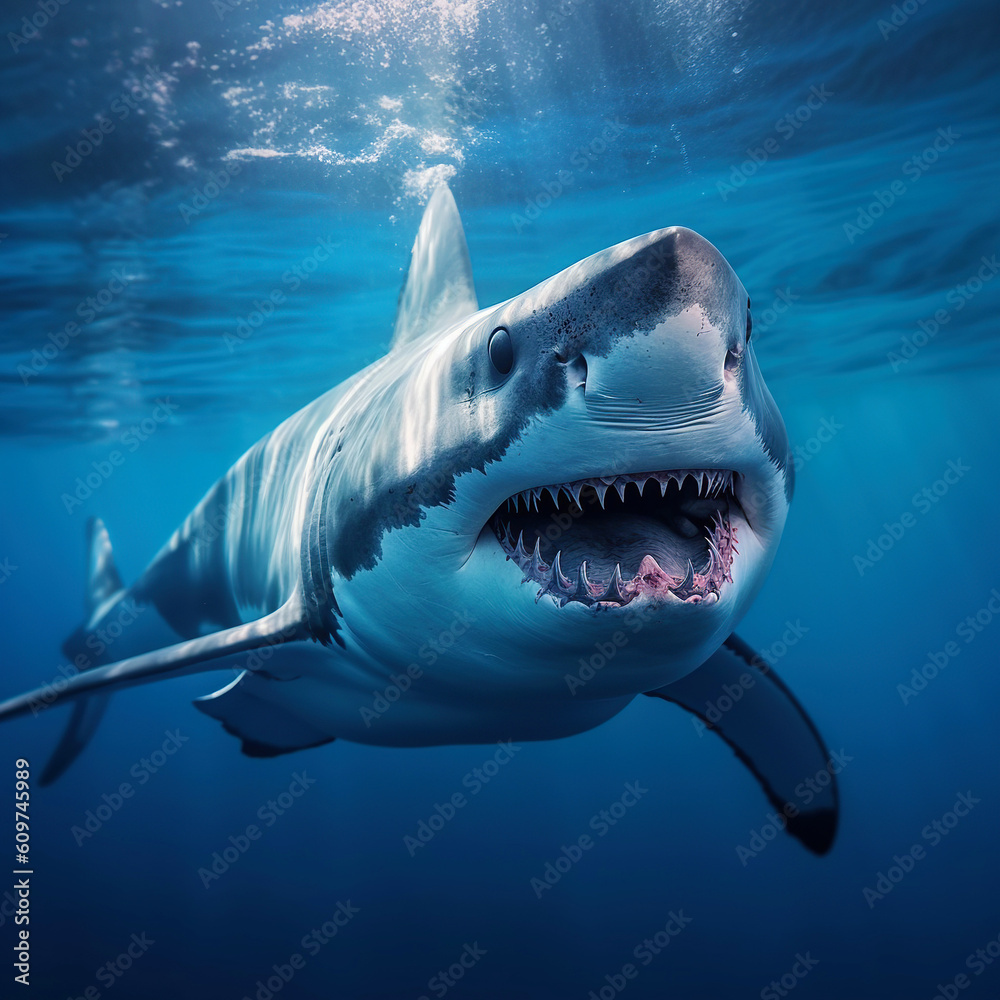 Fototapeta premium Great white shark and sun rays, Generative AI