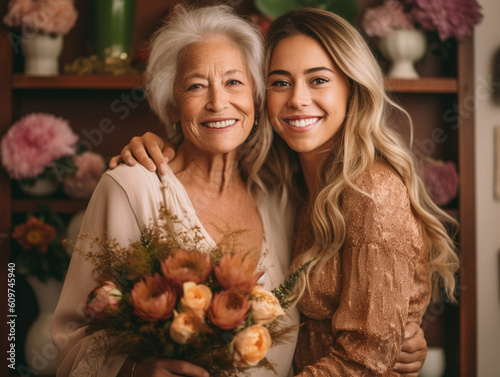 family portrait of senior mother and adult daughter. AI generative