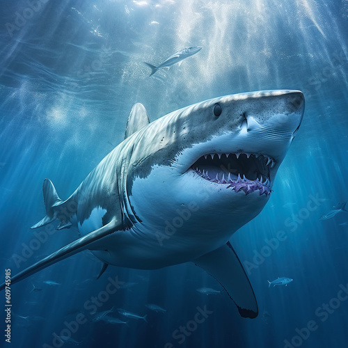Great white shark and sun rays, Generative AI © innluga
