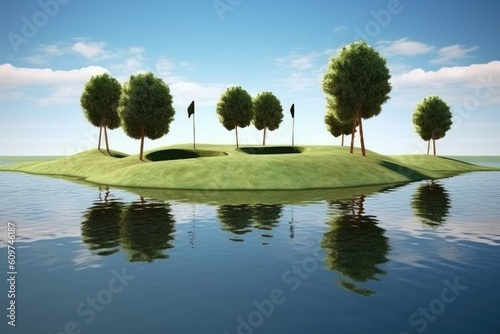 photo of Golf course with golf holes golf poles Generated AI