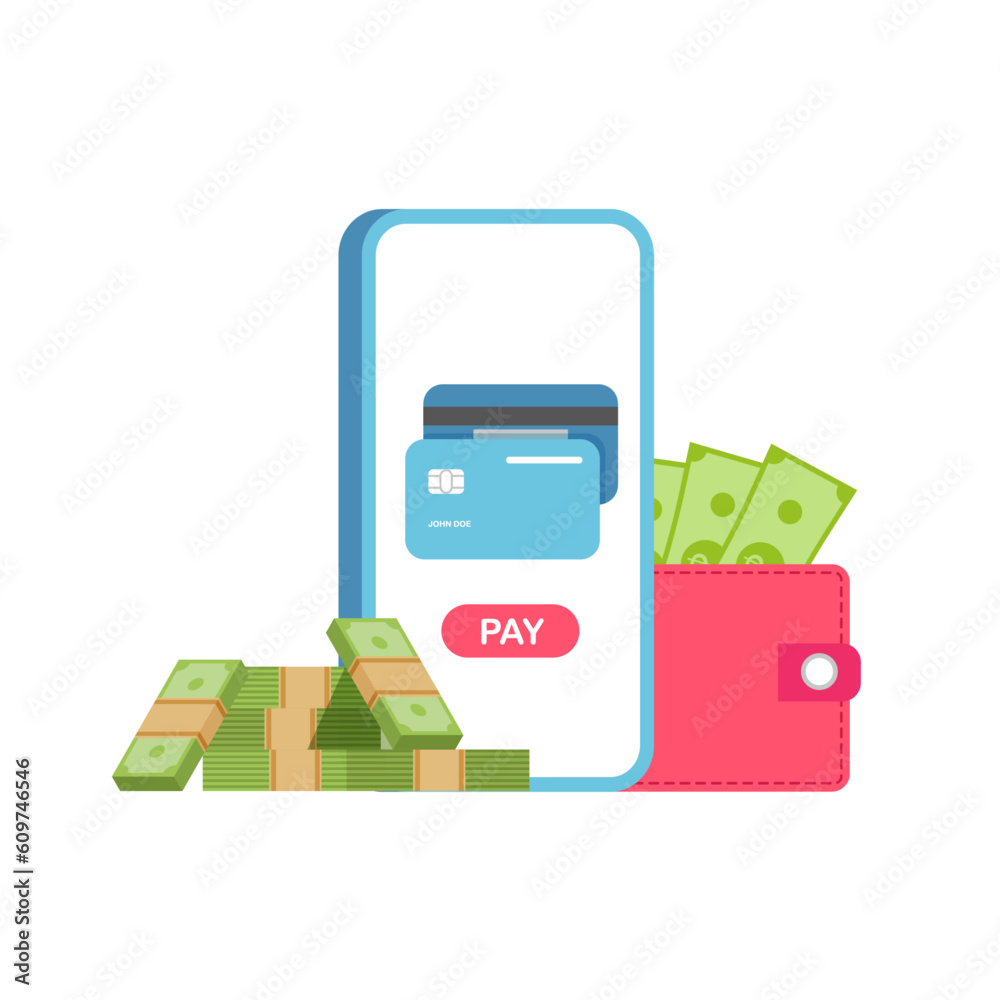 Obraz premium Pay online concept. Use smartphone for nfc transaction. Paying by credit card via electronic wallet wirelessly. Internet shopping. Vector illustration isolated on white background