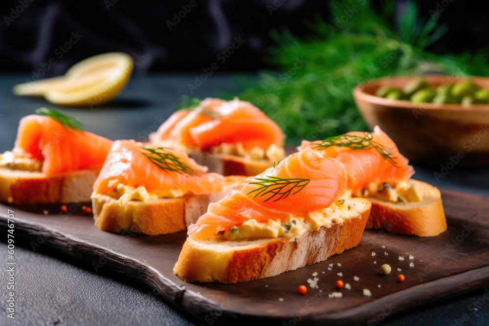 Tantalizing Salmon Baguette Bites: A Visual and Gastronomic Delight. Generative AI