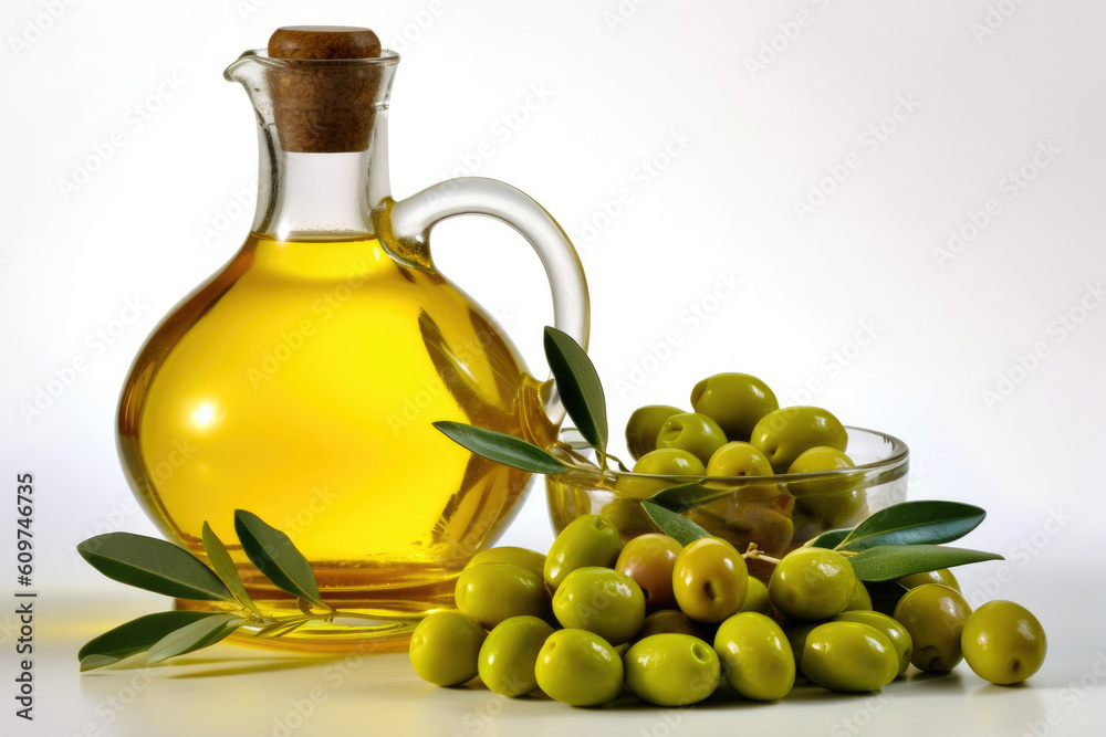 Olive Oil and Olives in a Glass Jug. Generative AI Olive Oil and Olives in a Glass Jug. Generative AI