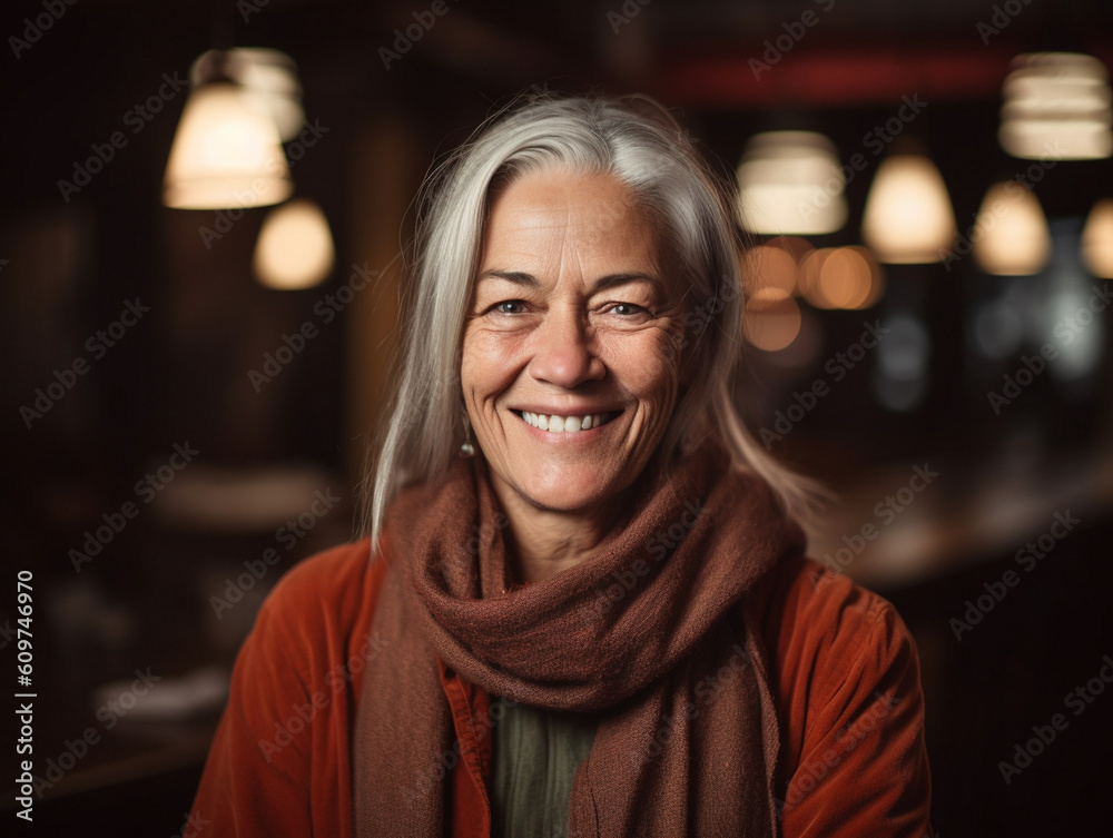 Smiling confident stylish Old senior businesswoman, 60s gray-haired lady executive business leader manager looking at camera, AI generative portrait.