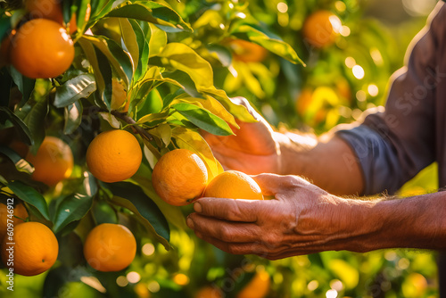 Close up of farmer male hands picking orange or mandarin fruits. Organic food  harvesting and farming concept. Generated AI.