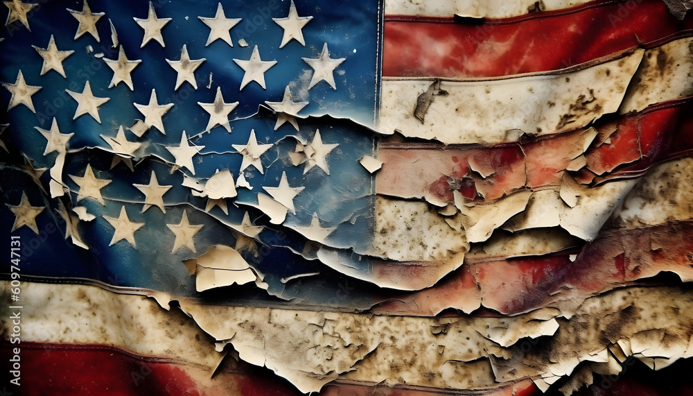 Closeup of grunge American flag. Generative AI illustration