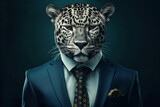 Portrait of a Jaguar dressed in a formal business suit, created with generative AI