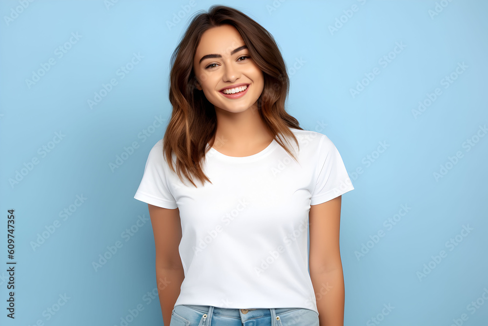 Obraz premium Young woman wearing bella canvas white shirt mockup, at blue background. Design tshirt template, print presentation mock-up. AI generated.