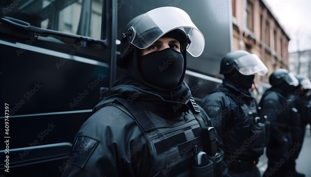 Special police forces cordon at the demonstration, blocking street protests. Generative AI illustration Special police forces cordon at the demonstration, blocking street protests. Generative AI illustration