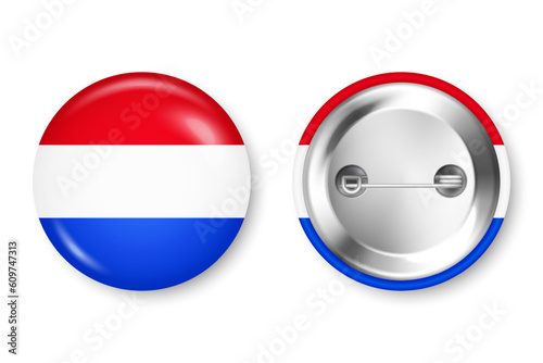 Realistic button badge with printed Dutch flag. Souvenir from Netherlands. Glossy pin badge with shiny metal clasp. Product mockup for advertising and promotion. Vector illustration