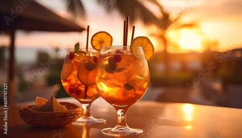 Summer drinks with blur beach on background. Generative AI illustration