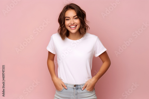 Young woman wearing bella canvas white shirt mockup, at pink background. Design tshirt template, print presentation mock-up. AI generated.
