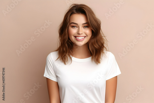 Young woman wearing bella canvas white shirt mockup, at beige background. Design tshirt template, print presentation mock-up. AI generated. © AnaWein