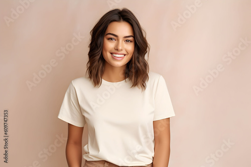 Young woman wearing bella canvas white shirt mockup, at beige background. Design tshirt template, print presentation mock-up. AI generated. photo
