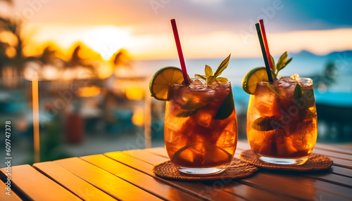Summer drinks with blur beach on background. Generative AI illustration