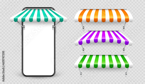 Smartphone with shop sunshade and metal mount, online internet shopping. Realistic striped cafe awning. Outdoor market tent. Roof canopy. Summer street store. Vector illustration