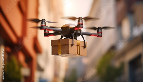 UAV drone delivering brown post package into urban city. Generative AI illustration