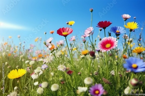 Flower Meadow in Spring with Clear Blue Sky. Generative ai © Scrudje