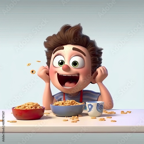 Cute boy 3D eating breakfast, dinner - created with Generative AI technology photo