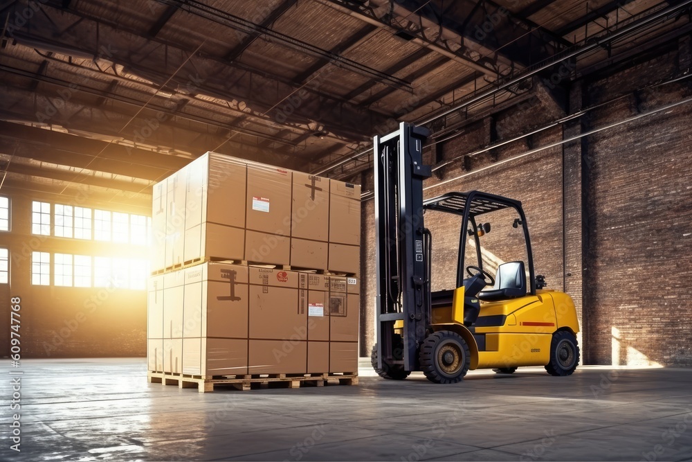 photo of Large cardboard boxes are lifted by forklift Generated AI