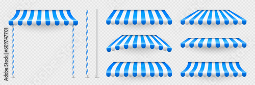 Blue shop sunshade with stand holders. Realistic striped cafe awning. Outdoor market tent. Roof canopy. Summer street store. Vector illustration