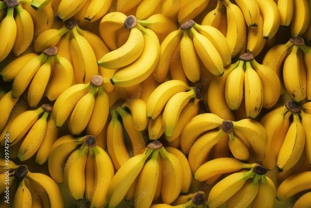 Fresh banana yellow background in the fruit market. Generative AI