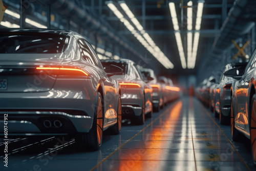 Modern technological car factory. Automated assembly line. Generative AI © barmaleeva