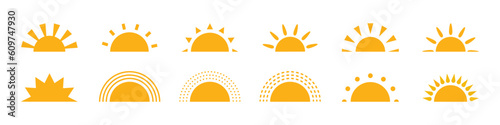 Yellow half sun icons set in flat style. Sunset simple graphic symbols. Summer heat icons. Half round solar element. Vector illustration isolated on white background.