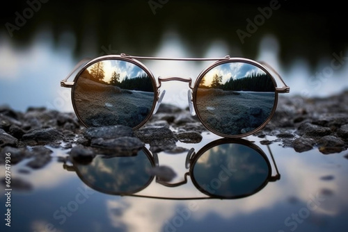 Reflection in the sunglasses shows lake and forest. Generative AI © barmaleeva