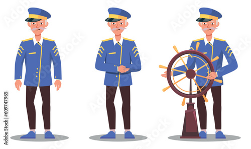 Ship captain, Seaman in different situations cartoon vector Illustrations. Summer time. Isolated on white background