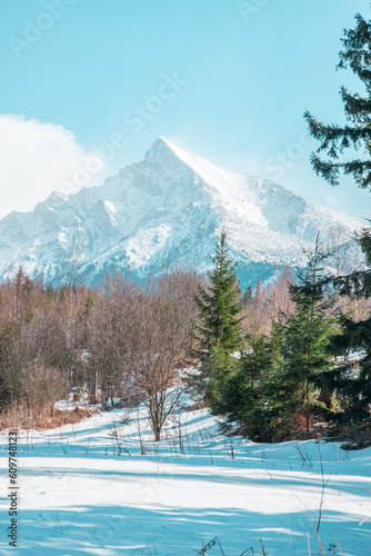 Slovakia national peak Krivan from Podbanske in winter with snow, Liptov.
