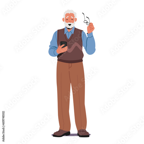 Elderly Man With Joyful Smile, Wearing Glasses, Holding Smartphone. Male Character Radiating Positivity