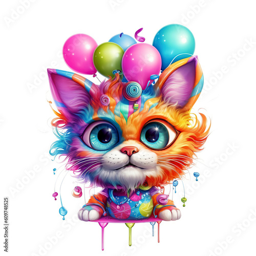 Funny cartoon party cat with balloons isolated over white background. Colorful joyful greeting card for birthday or other festive events. Created with generative Ai