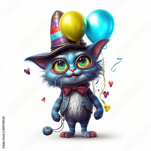 Funny cartoon party cat with balloons isolated over white background. Colorful joyful greeting card for birthday or other festive events. Created with generative Ai