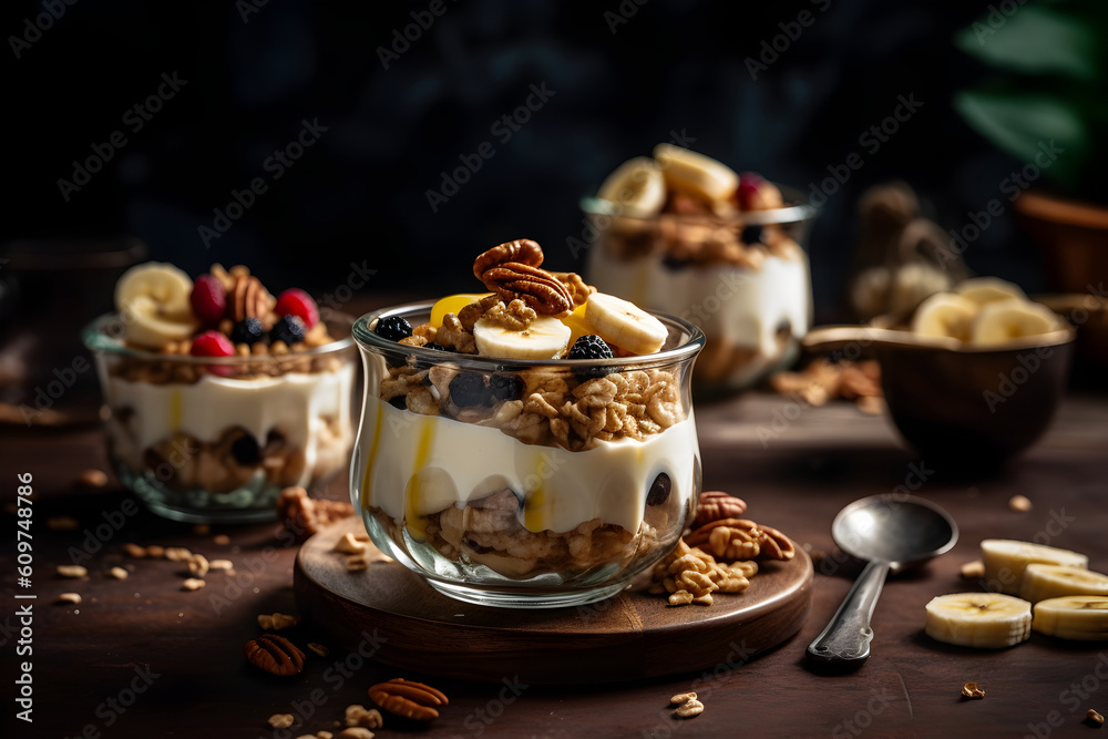 Fototapeta premium Yogurt granola parfait with sliced nuts, fresh banana fruits and berries in a glass jar on dark background. Generative AI.