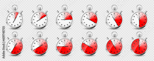 Realistic classic stopwatch icons. Shiny metal chronometer, time counter with dial. Red countdown timer showing minutes and seconds. Time measurement for sport, start and finish. Vector illustration