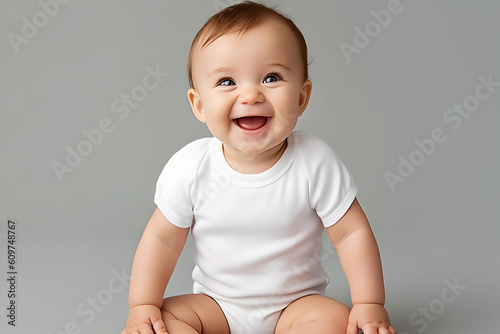 Baby wearing white shirt bodysuit mockup, at gray background. Design onesie template, print presentation mock-up. AI generated. photo