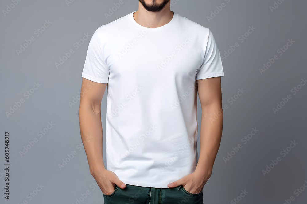 Young man wearing bella canvas white shirt mockup, at gray background. Design tshirt template, print presentation mock-up. AI generated. Young man wearing bella canvas white shirt mockup, at gray background. Design tshirt template, print presentation mock-up. AI generated.
