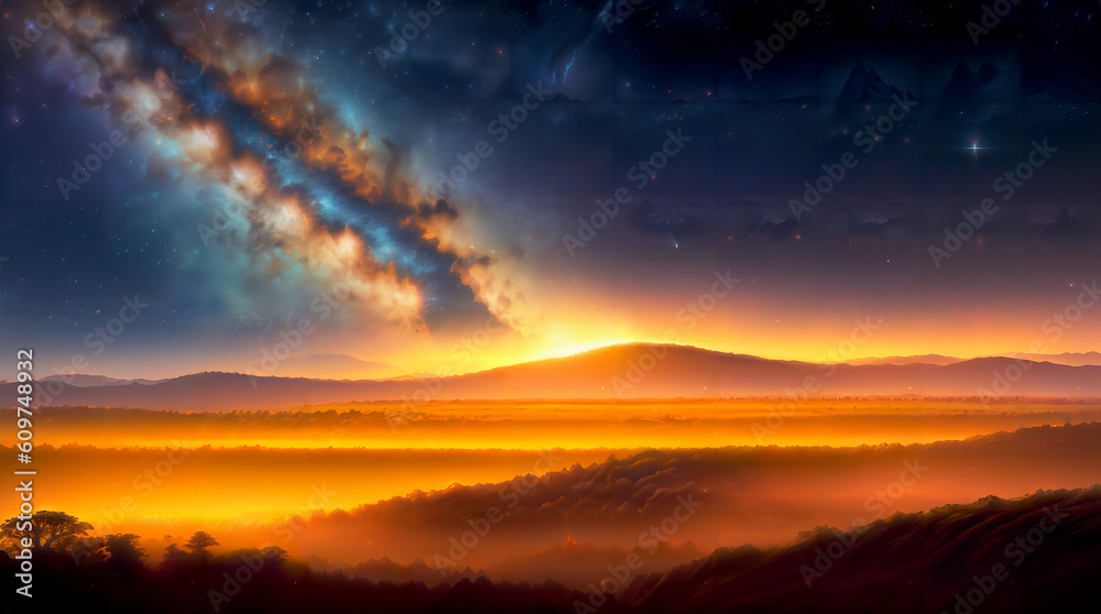 A view of an African savanna mountain range with a bright orange glow in the sky