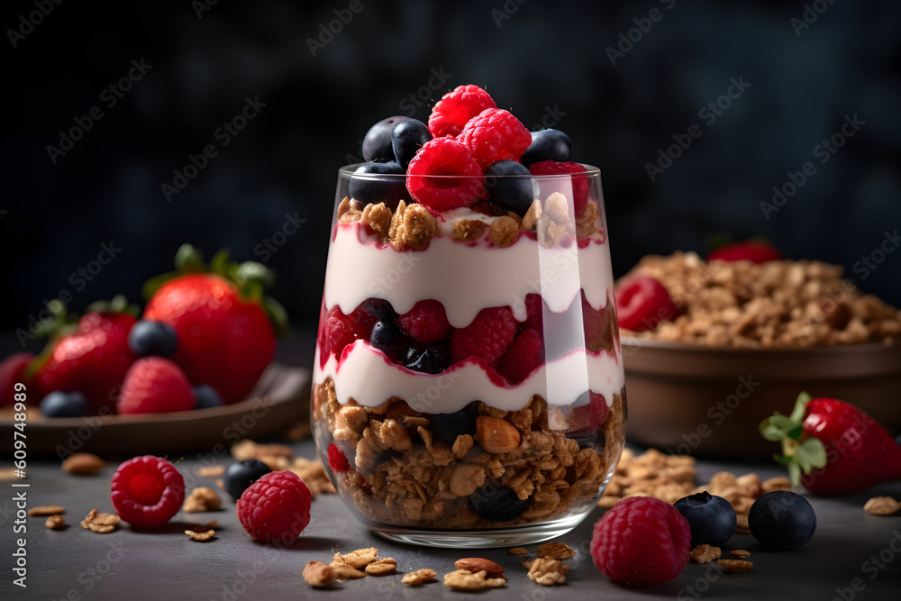 Yogurt granola parfait with sliced nuts, fresh strawberry, raspberry and blueberry in a glass jar on dark background. Generative AI. Yogurt granola parfait with sliced nuts, fresh strawberry, raspberry and blueberry in a glass jar on dark background. Generative AI.